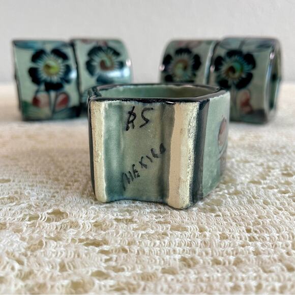 Floral Hand Painted Mexican Pottery Napkin Rings - Picture 11 of 16